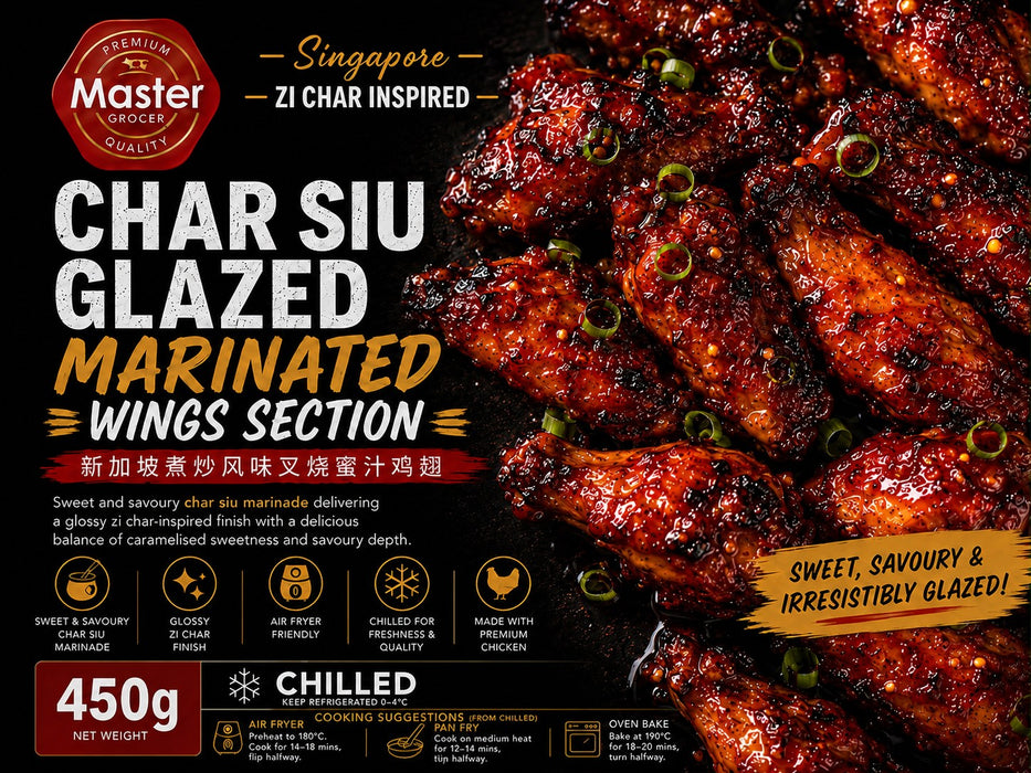 Master Grocer Singapore Zi Char Inspired Char Siu Glazed Marinated Chicken Wings Section 450G - Chilled